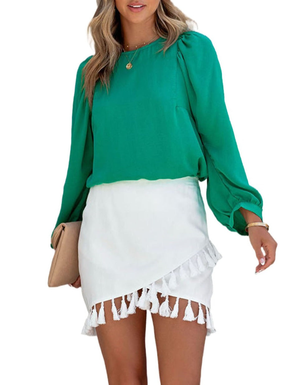 Satin Long Puff Sleeve Blouse