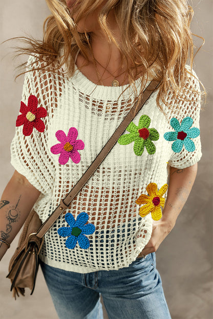 Floral Crochet Hollowed Knit T-Shirt