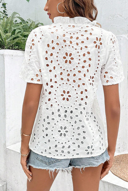 Geometric Embroidered Eyelet V-Neck Blouse