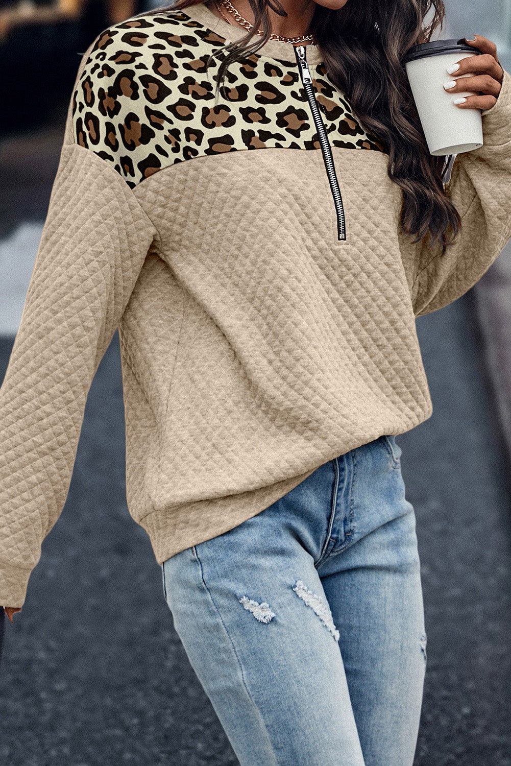 Leopard Colorblock Quilted Zip Sweatshirt