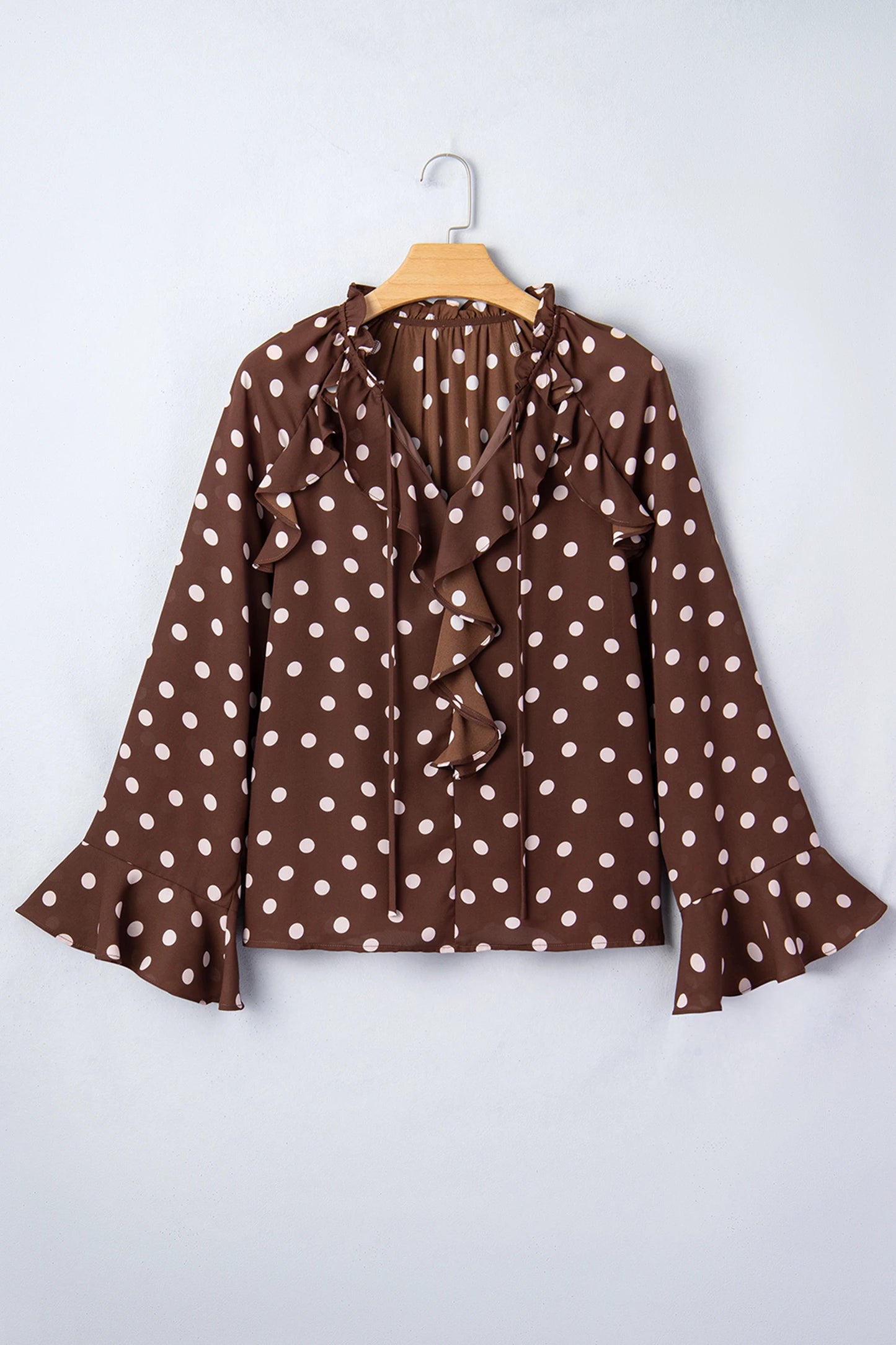 Polka Dot Ruffle Trim V-Neck Bell Sleeve Blouse