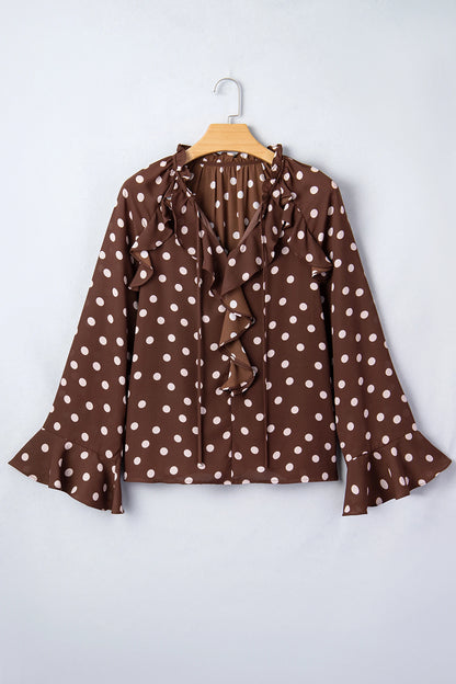 Polka Dot Ruffle Trim V-Neck Bell Sleeve Blouse