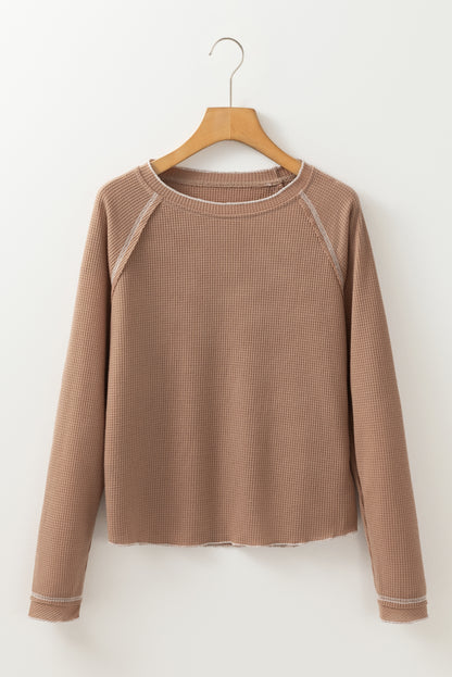 Solid Waffle Knit Round Neck Long Sleeve Top
