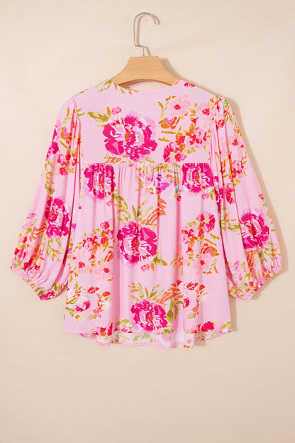 Floral Tie Neck 3/4 Puff Sleeve Blouse