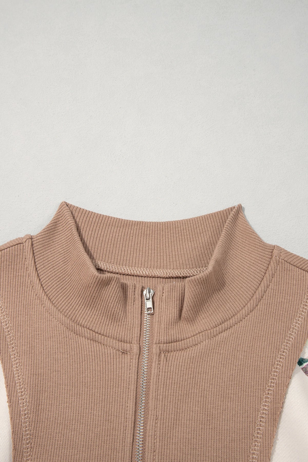 Mallard Ribbed Patchwork Zip Neck Long Sleeve Top
