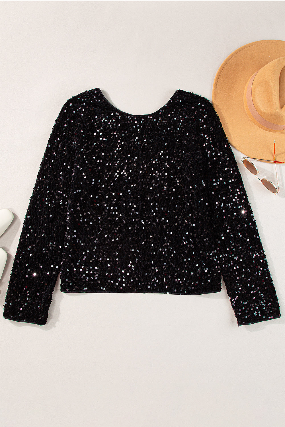 Sequin Open Back Long Sleeve Top