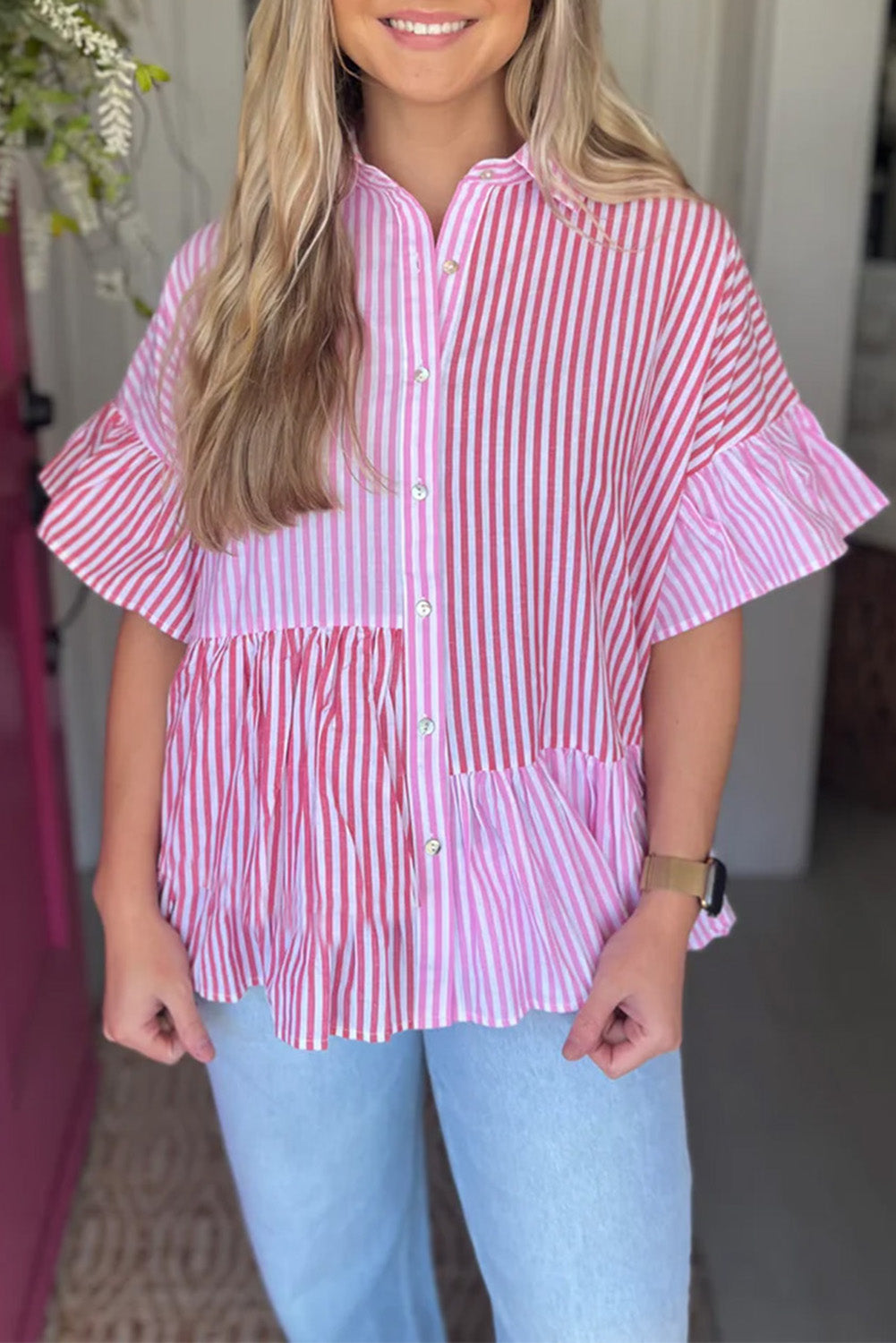 Stripe Patchwork Ruffle Hem Shirt