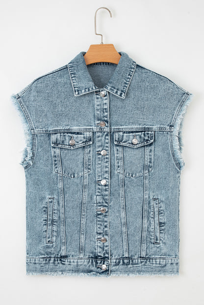 Denim Button Flap Pocket Frayed Vest
