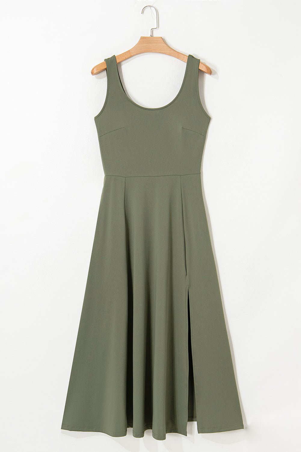 Solid Sleeveless Flared Side Slit Midi Dress