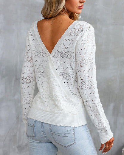 Pointelle Knit Scallop V-Back Sweater