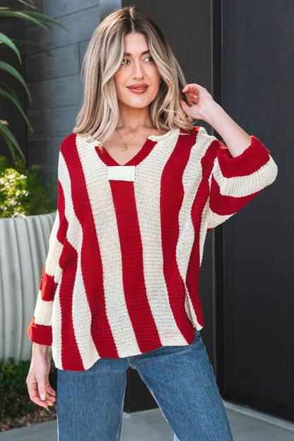 Colorblock Stripe V-Neck 3/4 Sleeve Sweater