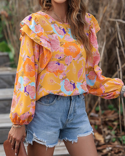 Floral Ruffle Puff Sleeve Blouse