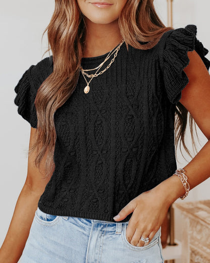 Cable Knit Ruffle Sleeve Top