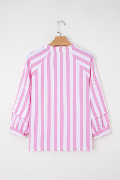 Stripe Puff Sleeve Buttoned V-Neck Blouse