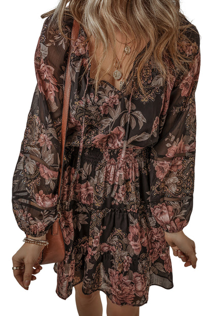 Vintage Floral Puff Sleeve Waist Dress