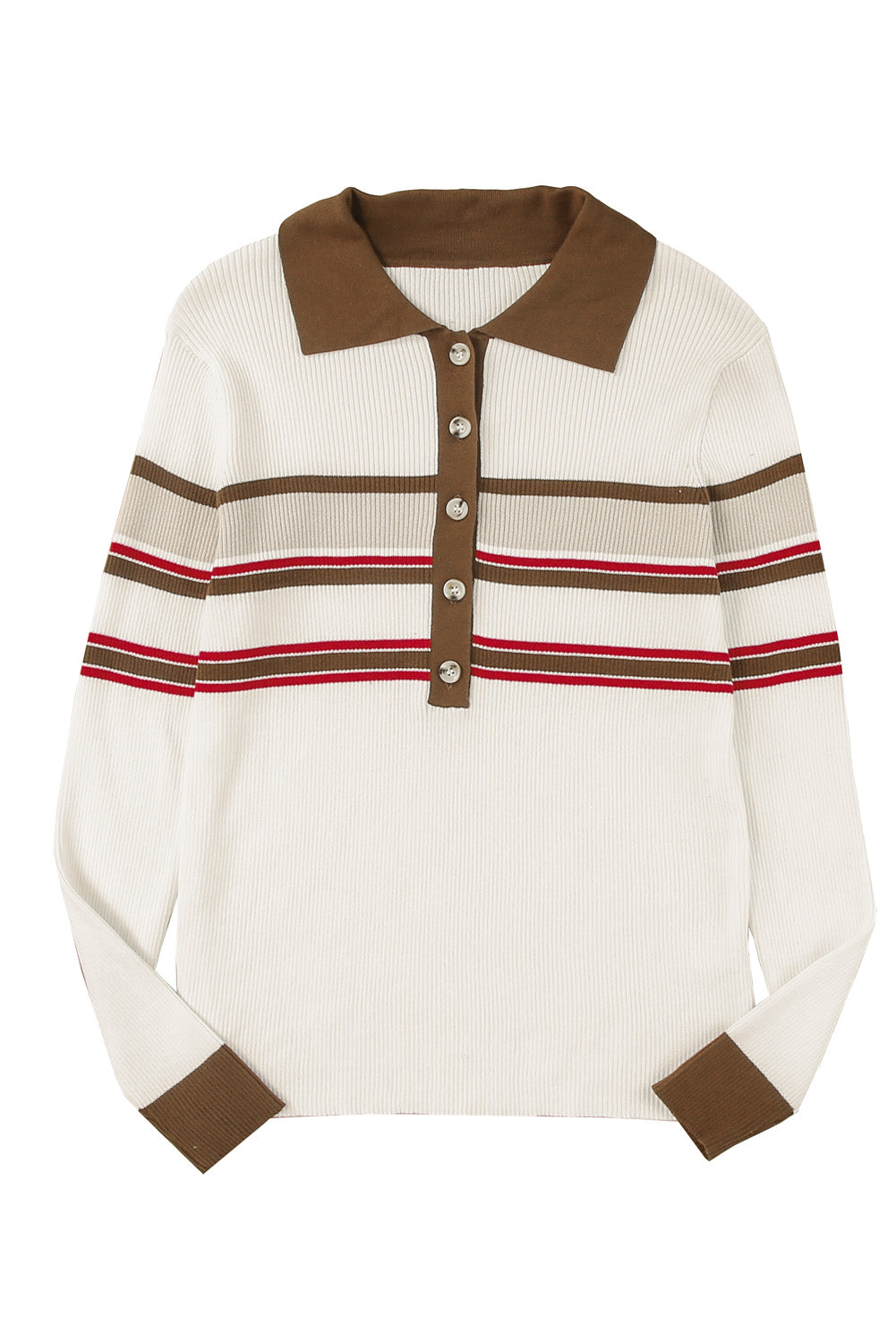 Stripe Ribbed Henley Collared Sweater