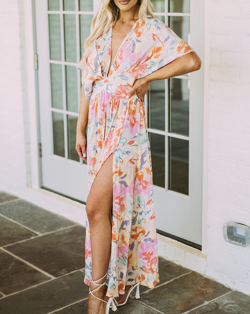 Floral Ruched V-Neck Maxi Dress