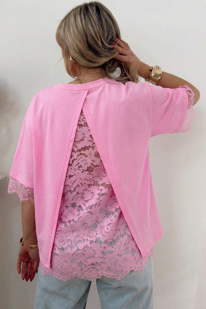 Floral Eyelash Lace Patchwork 3/4 Sleeve Tee