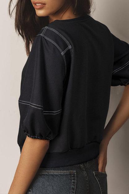 Contrast Stitching Puff Sleeve Blouse