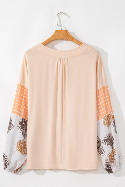 Tropical Polka Dot Patchwork Puff Sleeve V-Neck Blouse