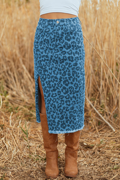 Leopard Denim Frayed Hem Midi Skirt