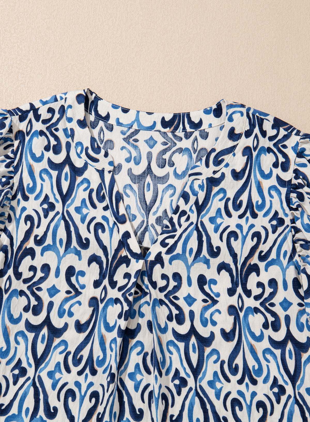 Abstract Boho V-Neck Pintuck Ruffle Sleeve Top