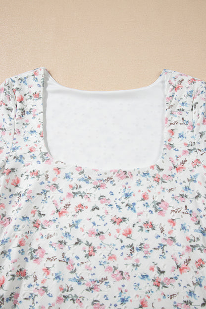 Floral Textured Square Neck Slim Fit Long Sleeve Top