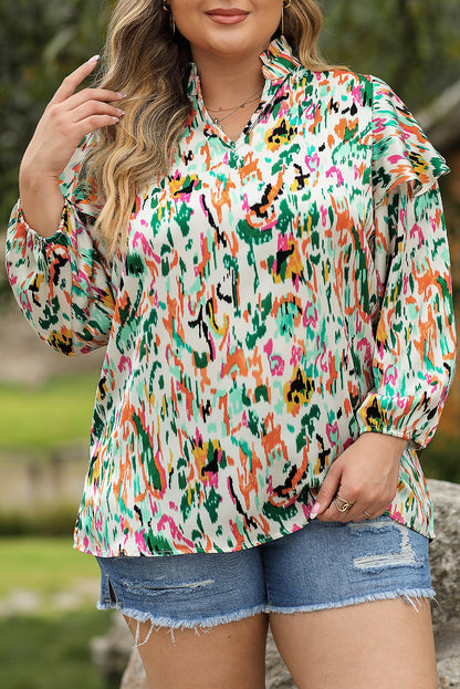 Abstract Ruffle V-Neck Blouse Plus Size