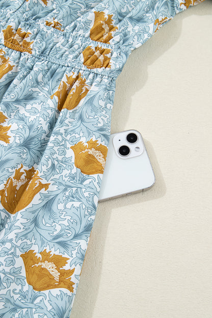 Floral Frilled V-Neck 3/4 Sleeve Midi Dress