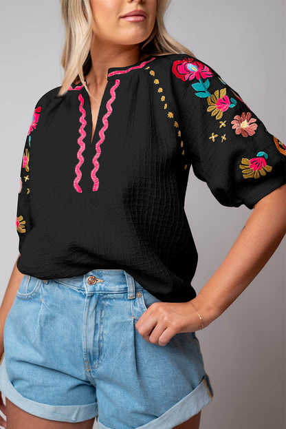 Floral Embroidered Puff Sleeve Blouse