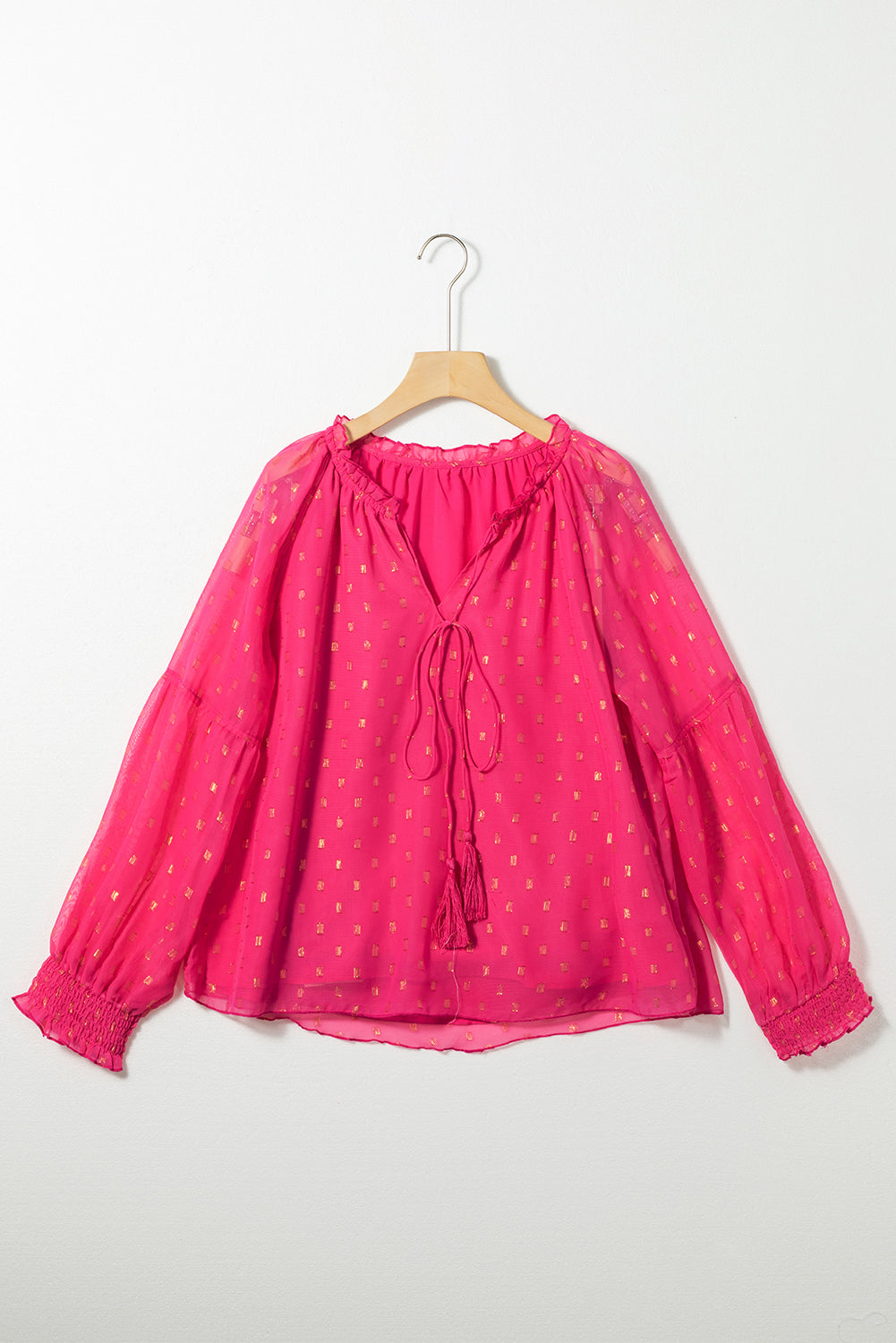 Dotted Lantern Sleeve Tie-Front Blouse