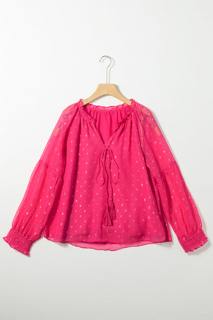 Dotted Lantern Sleeve Tie-Front Blouse