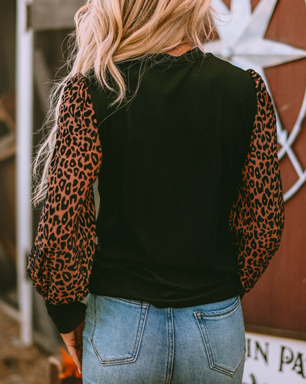 Leopard Ribbed Long Sleeve Blouse