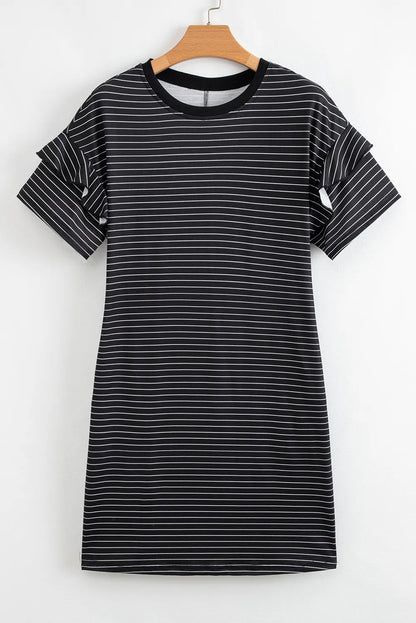 Stripe Ruffle Short Sleeve Crew Neck T-Shirt Mini Dress