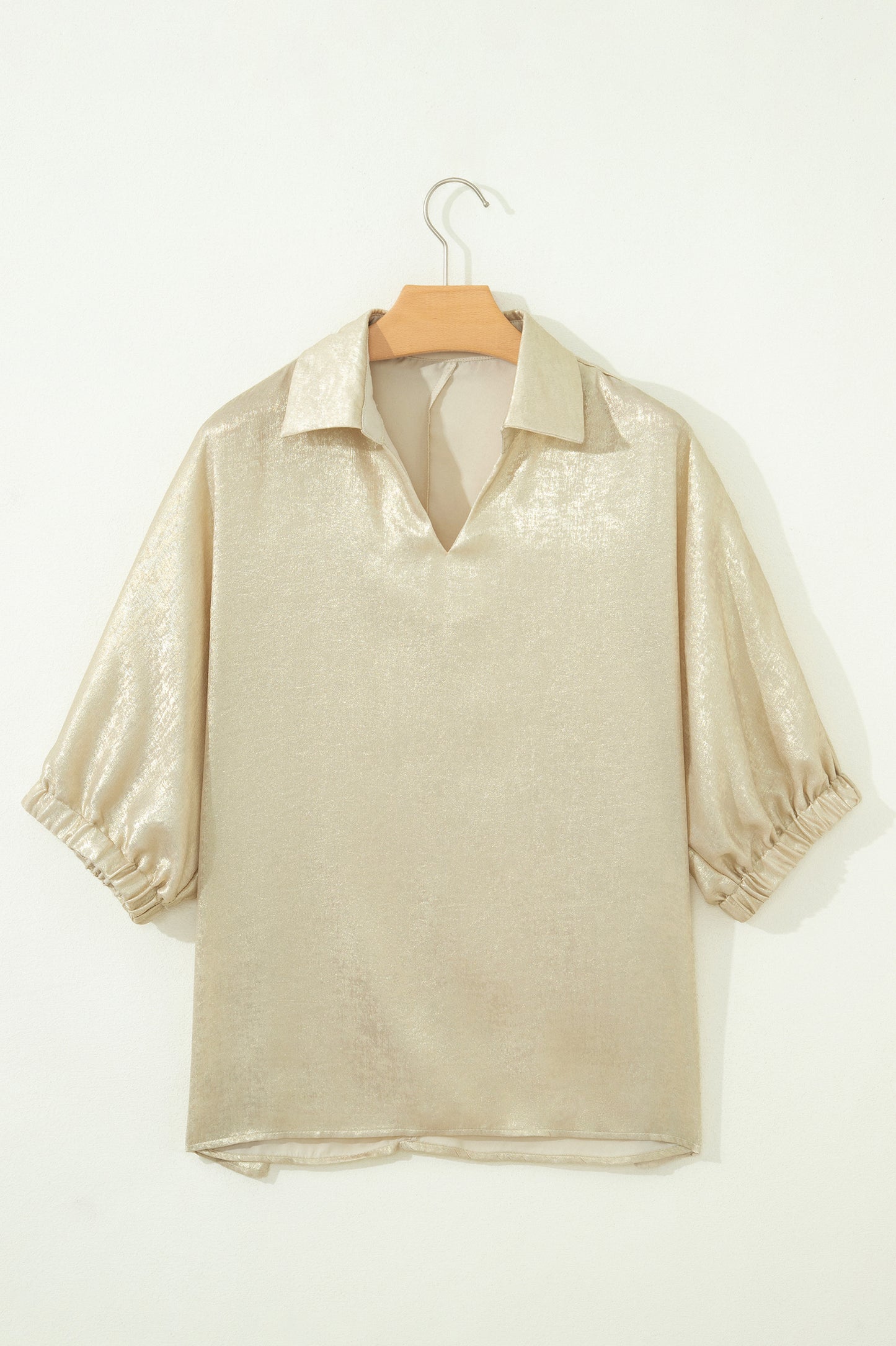 Metallic Collared V-Neck 3/4 Sleeve Top