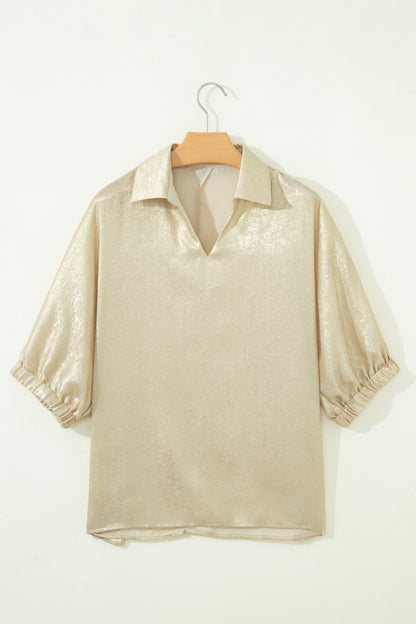 Metallic Collared V-Neck 3/4 Sleeve Top