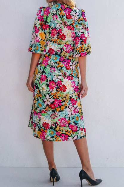 Floral 3/4 Puff Sleeve Midi Dress