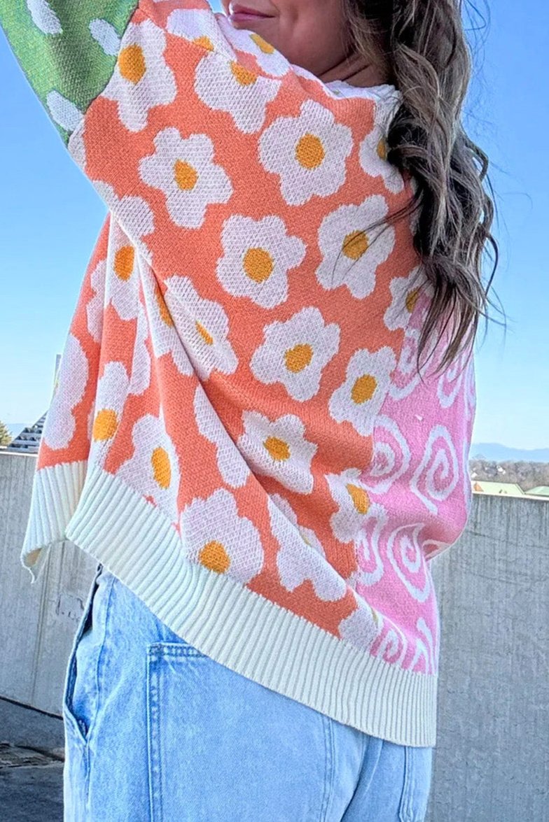 Floral Dotted Colorblock Open Front Cardigan