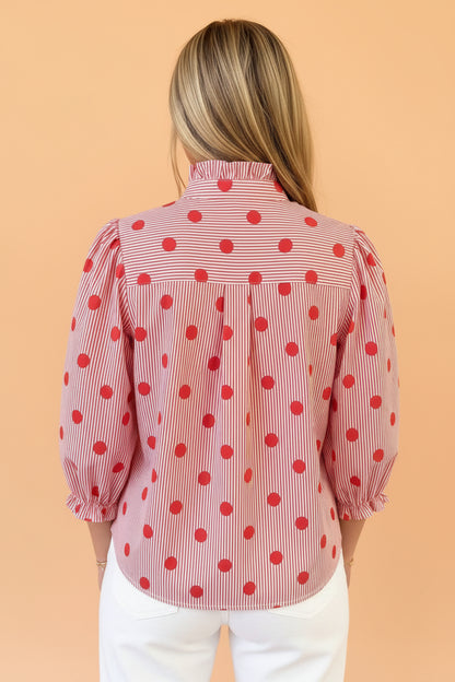 Polka Dot Stripe Ruffle 3/4 Sleeve Buttoned Shirt