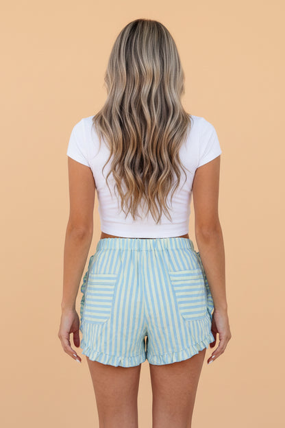 Stripe Ruffle Trim Elastic Waist Shorts