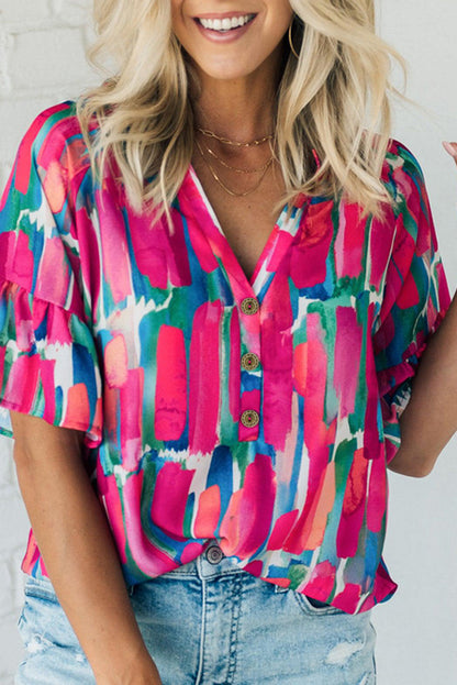 Abstract Brushwork V-Neck Blouse