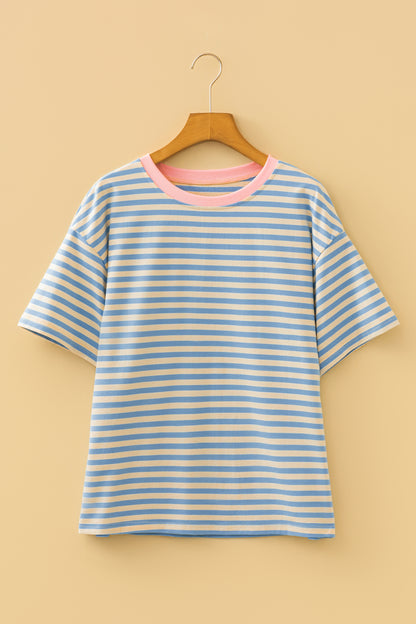 Stripe Contrast Crew Neck Drop Shoulder Tee