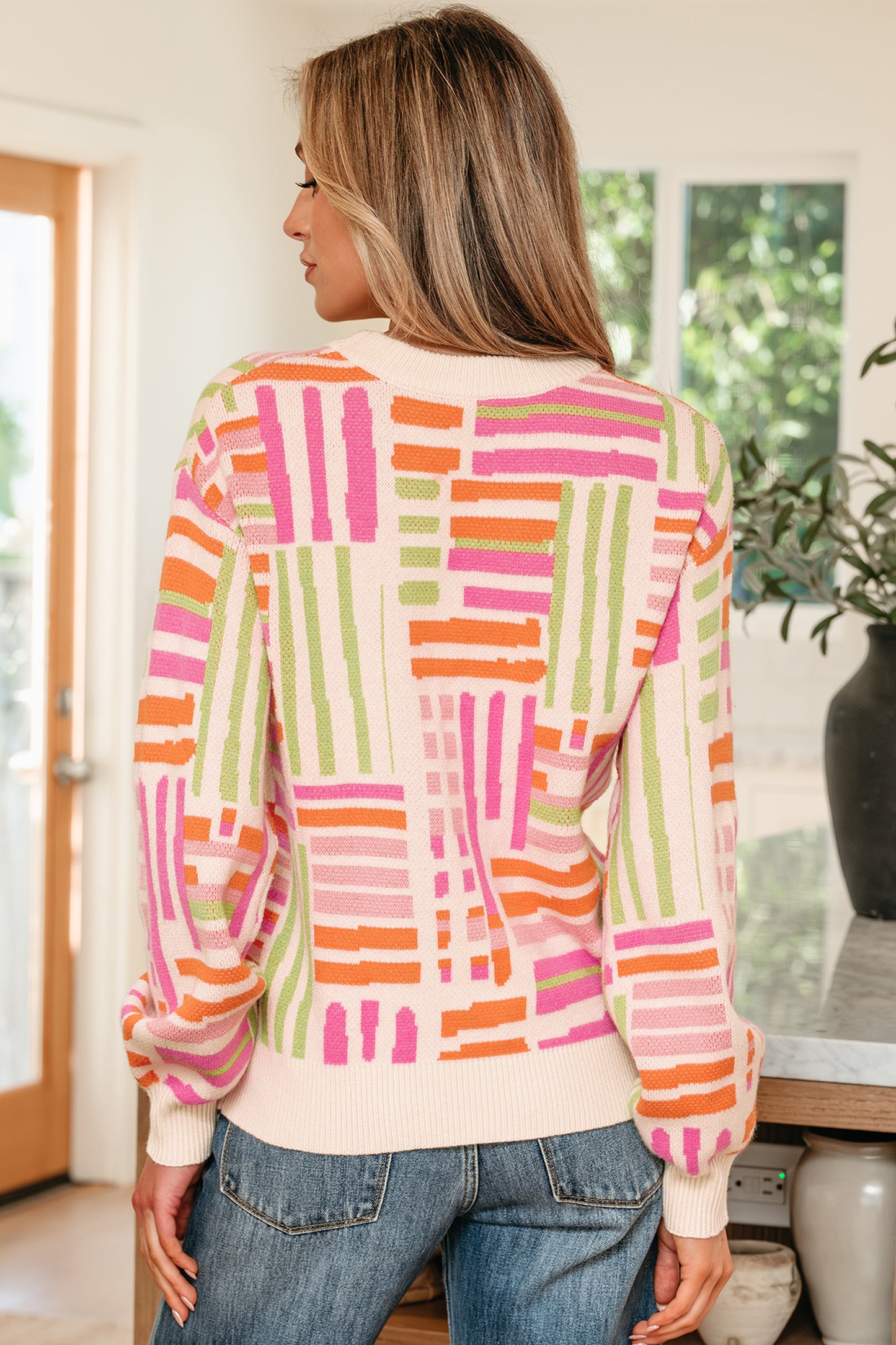 Geometric Stripe Crewneck Puff Sleeve Sweater