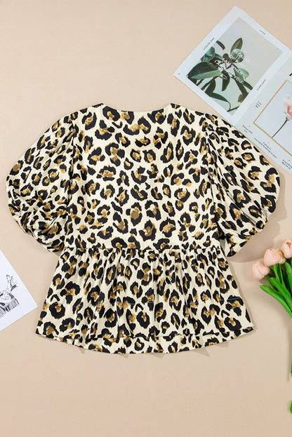 Leopard Bubble Sleeve Peplum Blouse