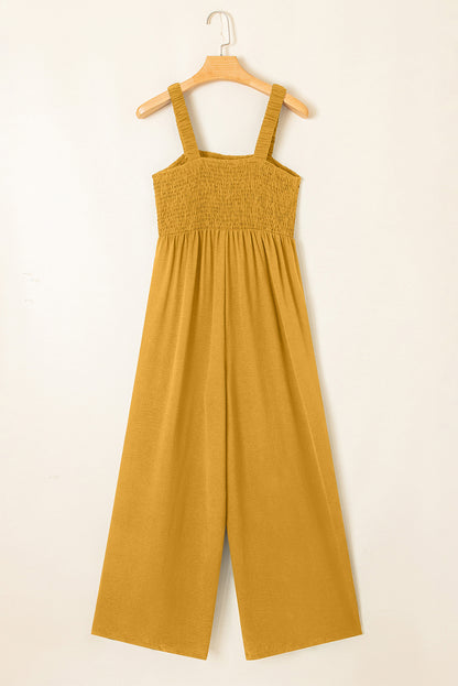 Smocked Sleeveless Wide Leg Jumpsuit with Pockets