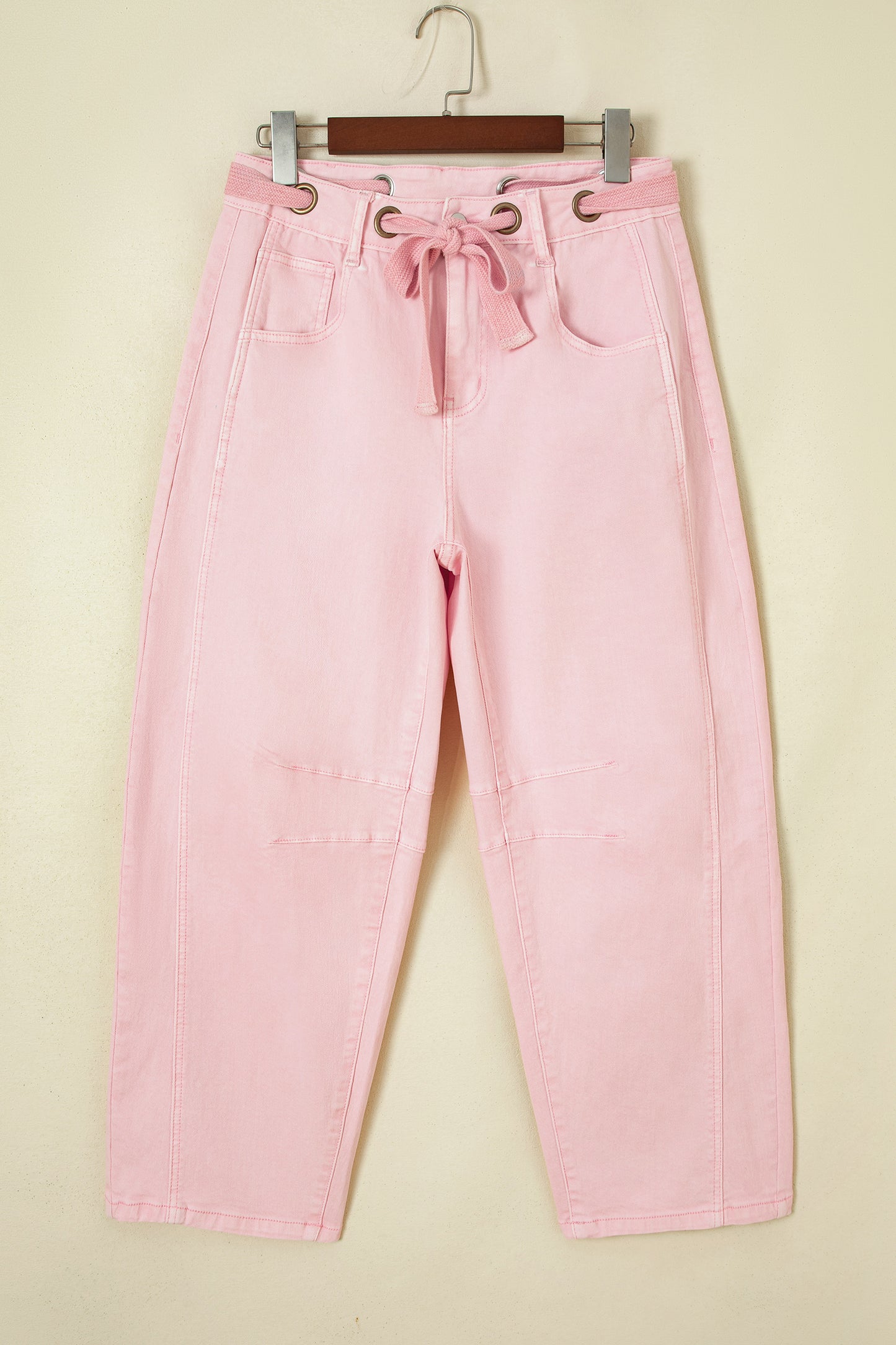 Solid Denim Grommet Tie Waist Barrel Leg Jeans