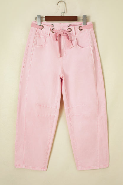 Solid Denim Grommet Tie Waist Barrel Leg Jeans