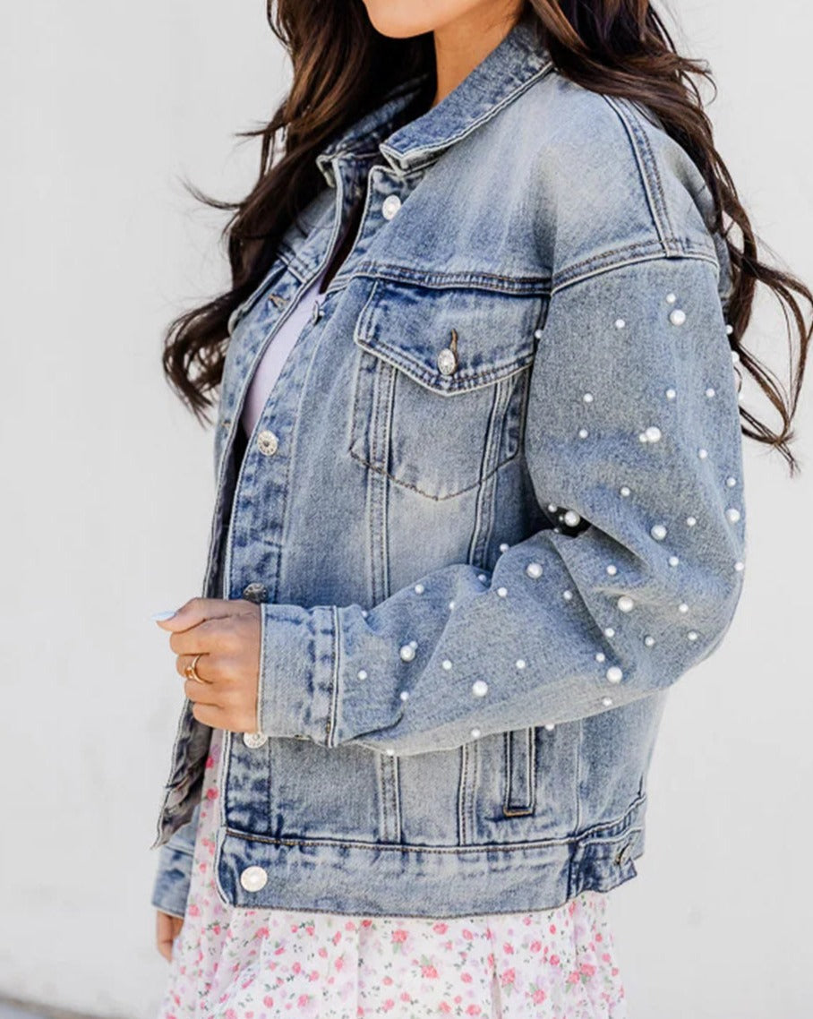 Denim Pearl Beaded Buttoned Jacket