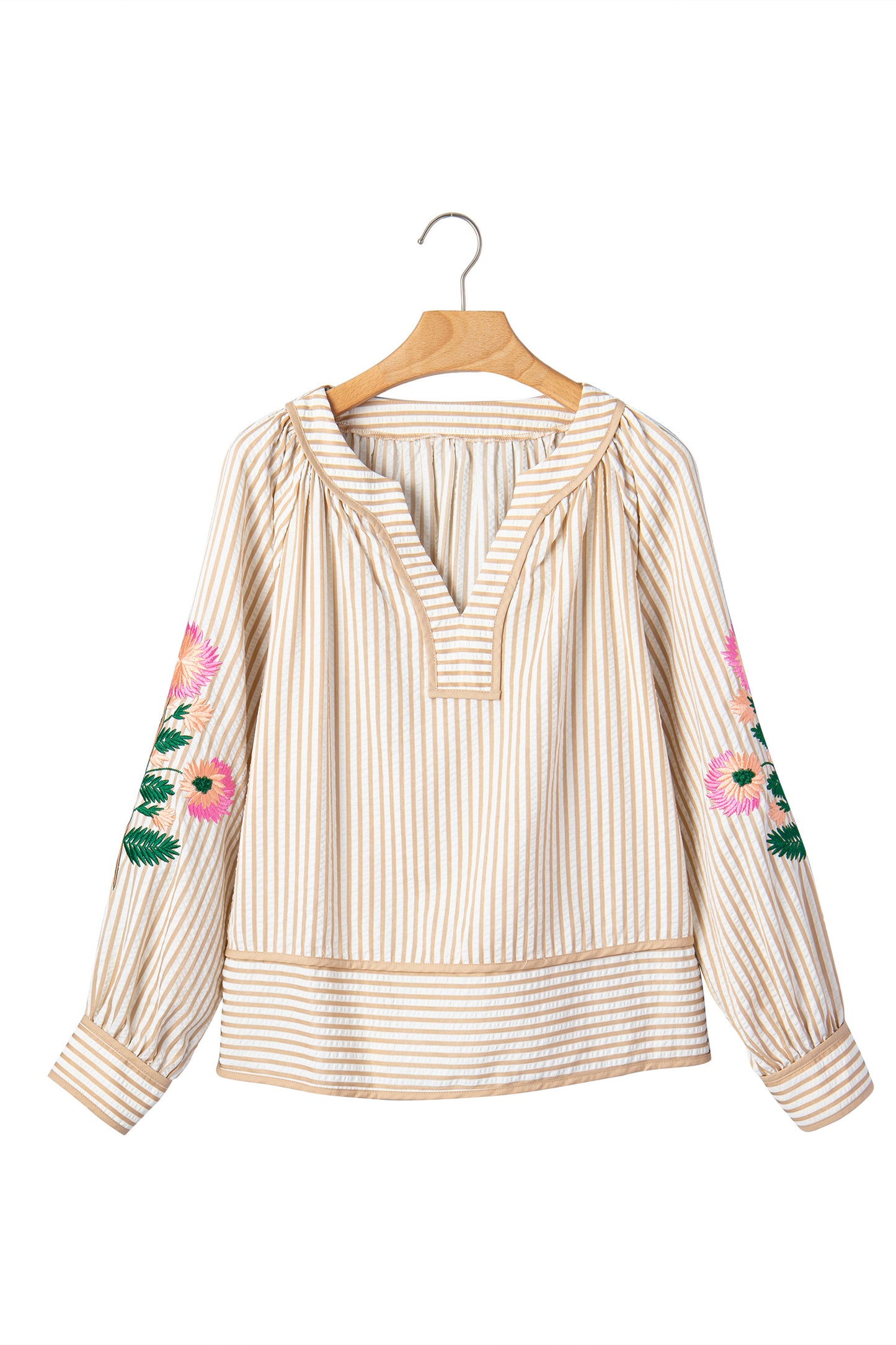 Floral Embroidered Stripe V-Neck Long Sleeve Blouse