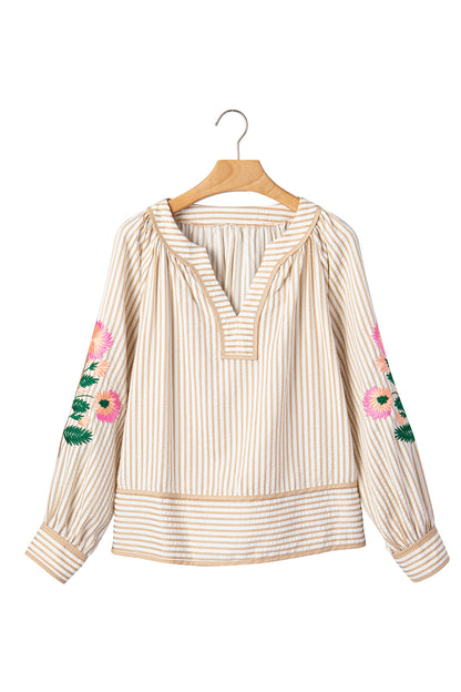 Floral Embroidered Stripe V-Neck Long Sleeve Blouse
